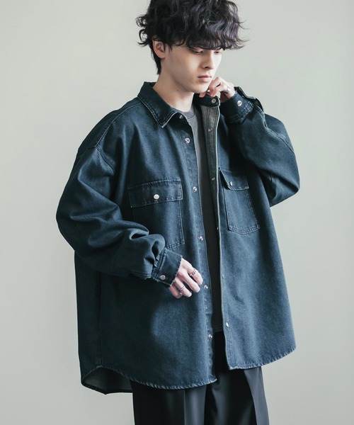 Rocky Monroe(ロッキーモンロー)の「ヴィンテージライク オーバーサイズデニムワークシャツジャケット(デニムジャケット・メンズ・ライトブラック/ブラック/インディゴブルー/ワンウォッシュ/ケミカルウォッシュ・L/XL/M)」の15枚目の写真