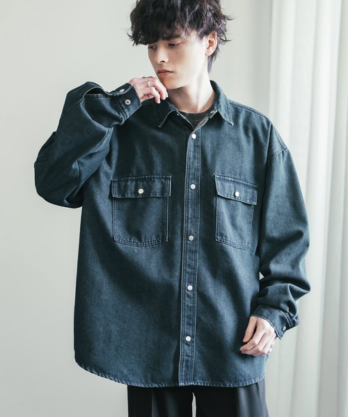 Rocky Monroe(ロッキーモンロー)の「ヴィンテージライク オーバーサイズデニムワークシャツジャケット(デニムジャケット・メンズ・ライトブラック/ブラック/インディゴブルー/ワンウォッシュ/ケミカルウォッシュ・L/XL/M)」の18枚目の写真
