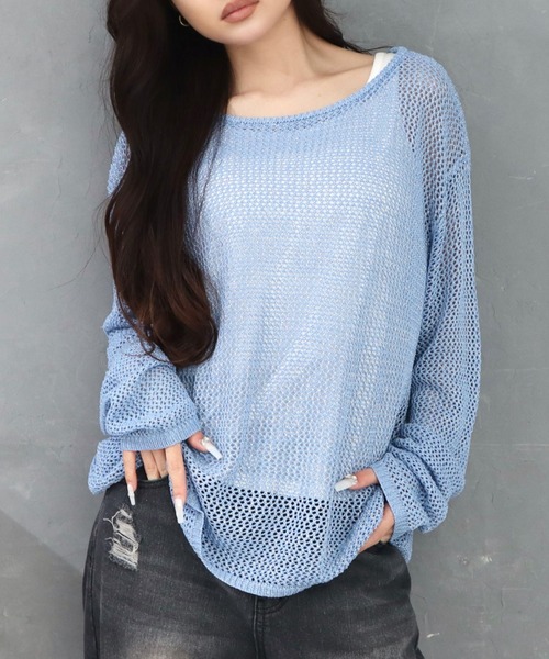 CECIL McBEE（セシルマクビー）の「透かし編みニットｘカットタンク（ニット/セーター・レディース・ブラック/ブルー/オフホワイト/オレンジ・MEDIUM）」の3枚目の写真