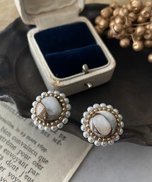 【mallelabrocante/マルラブロカント】サージカルステンレス コッパーストーンとヴィンテージパールのラウンドピアス/金属アレルギー対応