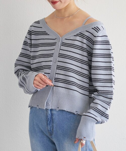 Kastane(カスタネ)の「【一部店舗限定】B ボーダーダメージカーディガン(カーディガン/ボレロ・レディース・ピンク/アイボリー/サックスブルー・FREE)」の3枚目の写真