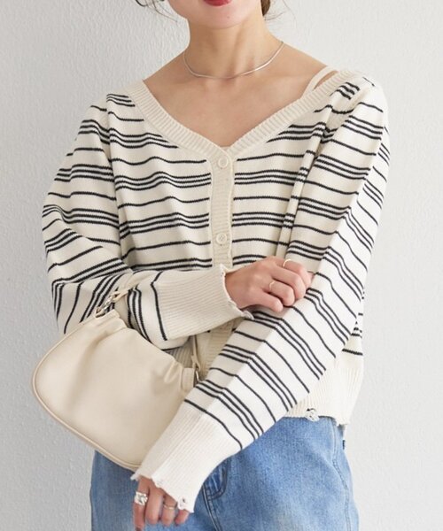 Kastane(カスタネ)の「【一部店舗限定】B ボーダーダメージカーディガン(カーディガン/ボレロ・レディース・ピンク/アイボリー/サックスブルー・FREE)」の2枚目の写真