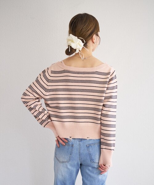 Kastane(カスタネ)の「【一部店舗限定】B ボーダーダメージカーディガン(カーディガン/ボレロ・レディース・ピンク/アイボリー/サックスブルー・FREE)」の5枚目の写真