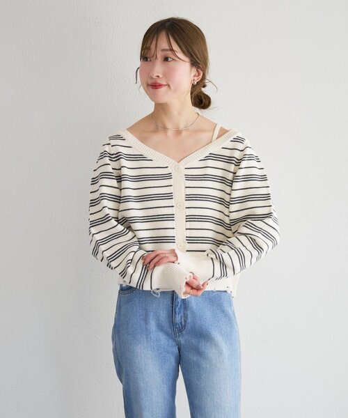 Kastane(カスタネ)の「【一部店舗限定】B ボーダーダメージカーディガン(カーディガン/ボレロ・レディース・ピンク/アイボリー/サックスブルー・FREE)」の12枚目の写真