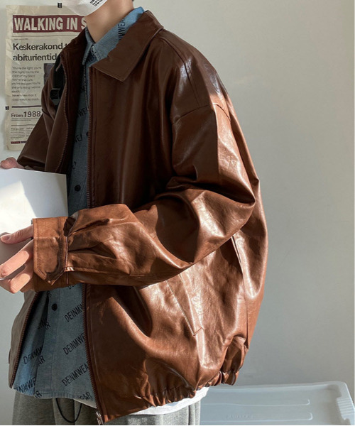 neos(ネオス)の「【neos】オーバーサイズ PU フェイクレザー ジップ ブルゾン(ブルゾン・メンズ・ブラウン・MEDIUM/LARGE/X-LARGE)」の2枚目の写真
