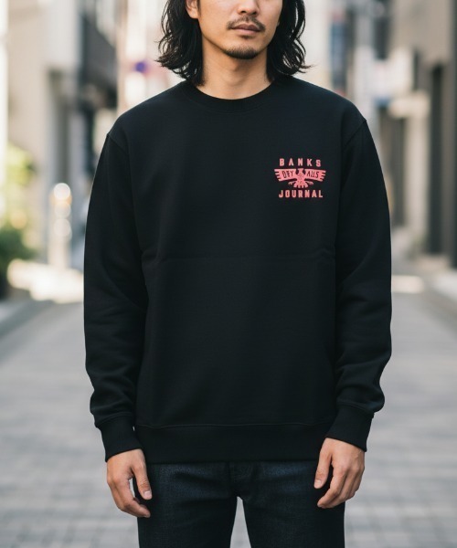 BANKS（バンクス）の「CREW / BANKS JOURNAL(バンクスジャーナル)スタンダードシルエット バッグプリント長袖クルーネックスウェットトレーナ（スウェット・メンズ・ブラック/ホワイト/ヘザーグレー・MEDIUM/LARGE）」の8枚目の写真