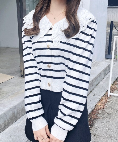 INGNI(イング)の「レースフリル襟ニットカーディガン(カーディガン/ボレロ・レディース・ネイビー/グレー/ホワイト系その他4・M)」の2枚目の写真