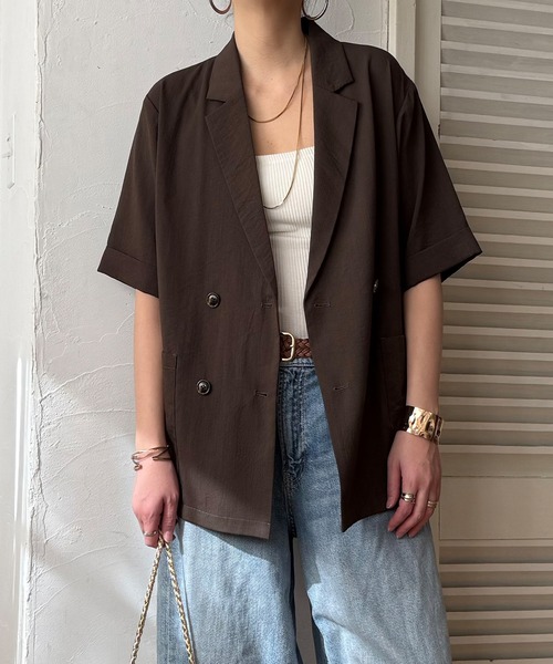 LBC(エルビーシー)の「リネンライクハーフスリーブジャケット(テーラードジャケット・レディース・チャコール/グレイッシュベージュ/ダークオリーブ・M)」の1枚目の写真