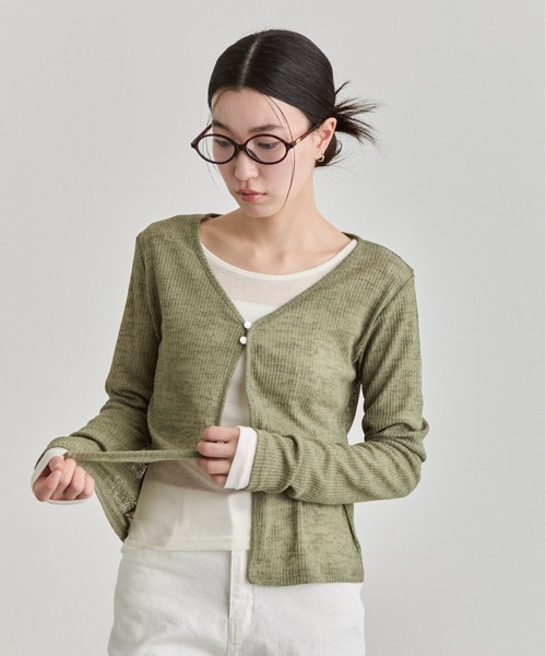 NUJOH(ヌゾ)の「Sheer Button Cardigan / シアーボタンカーディガン(カーディガン/ボレロ・レディース・ブルー/カーキ/アイボリー/ブラウン/ブラック/ライトピンク・FREE)」の1枚目の写真