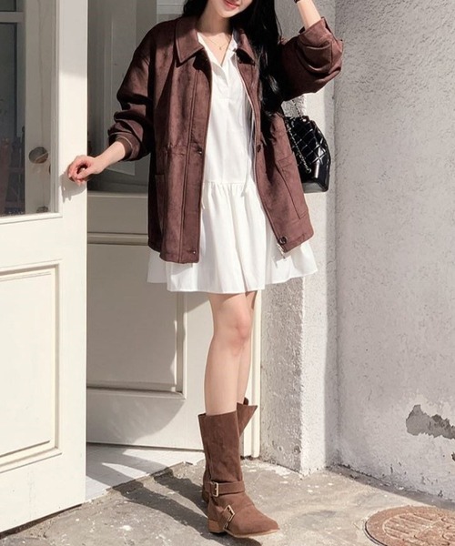 DAY CLOSET(デイ クローゼット)の「【ミニ丈/袖口ゴム】ぽわんと可愛いシルエット。ウエスト切り替え ヘンリーネック ピンタック ワンピース レディース(ワンピース・レディース・ブラック/ホワイト・FREE)」の5枚目の写真