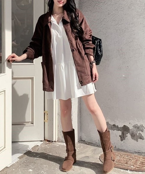 DAY CLOSET(デイ クローゼット)の「【ミニ丈/袖口ゴム】ぽわんと可愛いシルエット。ウエスト切り替え ヘンリーネック ピンタック ワンピース レディース(ワンピース・レディース・ブラック/ホワイト・FREE)」の6枚目の写真