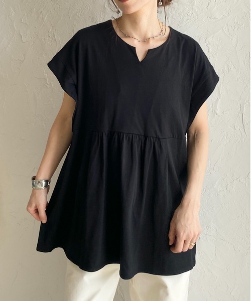 She's Closet（シーズクローゼット）の「綿100% フレンチスリーブ スキッパー ペプラムTシャツ / チュニックtシャツ（Tシャツ/カットソー・レディース・アイボリー/ブラック・FREE）」の2枚目の写真