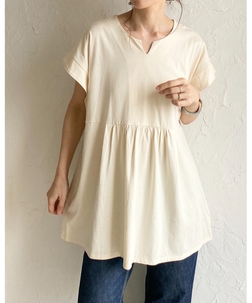 She's Closet（シーズクローゼット）の「綿100% フレンチスリーブ スキッパー ペプラムTシャツ / チュニックtシャツ（Tシャツ/カットソー・レディース・アイボリー/ブラック・FREE）」の3枚目の写真