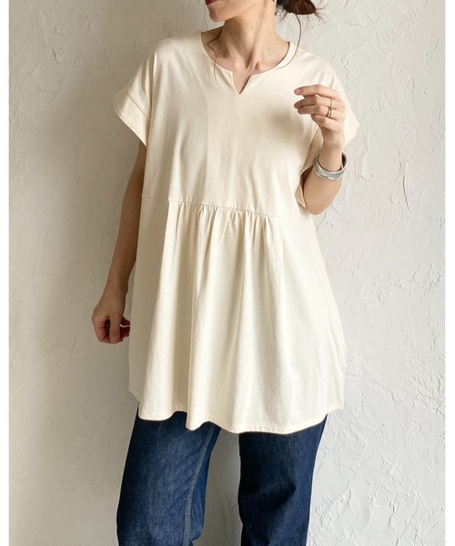She's Closet（シーズクローゼット）の「綿100% フレンチスリーブ スキッパー ペプラムTシャツ / チュニックtシャツ（Tシャツ/カットソー・レディース・アイボリー/ブラック・FREE）」の4枚目の写真