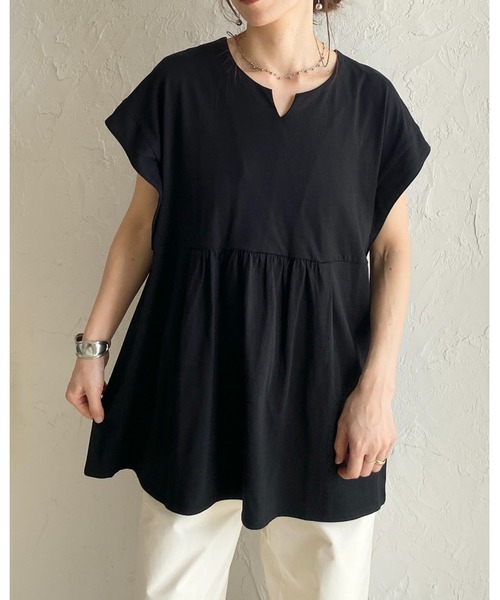 She's Closet（シーズクローゼット）の「綿100% フレンチスリーブ スキッパー ペプラムTシャツ / チュニックtシャツ（Tシャツ/カットソー・レディース・アイボリー/ブラック・FREE）」の6枚目の写真