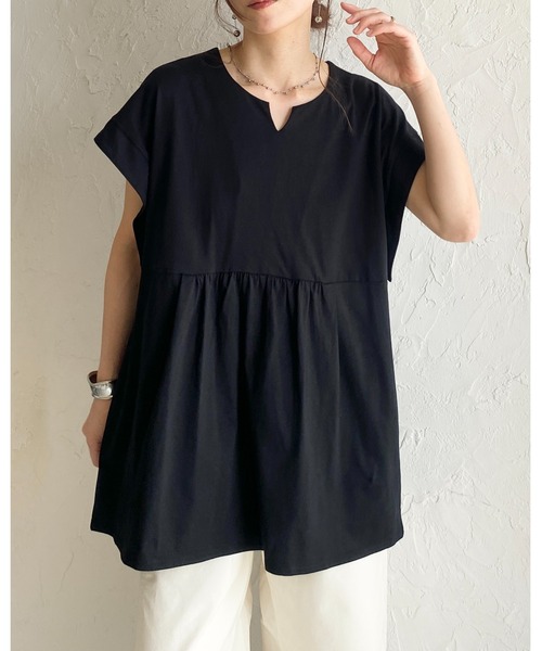 She's Closet（シーズクローゼット）の「綿100% フレンチスリーブ スキッパー ペプラムTシャツ / チュニックtシャツ（Tシャツ/カットソー・レディース・アイボリー/ブラック・FREE）」の7枚目の写真