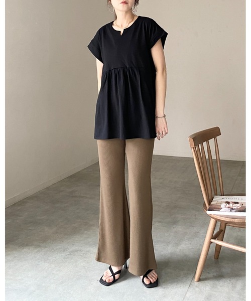 She's Closet（シーズクローゼット）の「綿100% フレンチスリーブ スキッパー ペプラムTシャツ / チュニックtシャツ（Tシャツ/カットソー・レディース・アイボリー/ブラック・FREE）」の8枚目の写真