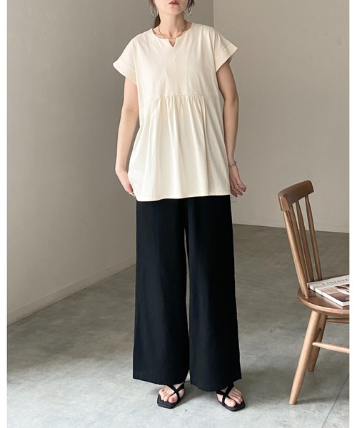 She's Closet（シーズクローゼット）の「綿100% フレンチスリーブ スキッパー ペプラムTシャツ / チュニックtシャツ（Tシャツ/カットソー・レディース・アイボリー/ブラック・FREE）」の12枚目の写真