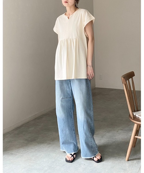She's Closet（シーズクローゼット）の「綿100% フレンチスリーブ スキッパー ペプラムTシャツ / チュニックtシャツ（Tシャツ/カットソー・レディース・アイボリー/ブラック・FREE）」の14枚目の写真
