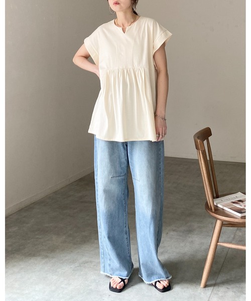 She's Closet（シーズクローゼット）の「綿100% フレンチスリーブ スキッパー ペプラムTシャツ / チュニックtシャツ（Tシャツ/カットソー・レディース・アイボリー/ブラック・FREE）」の15枚目の写真