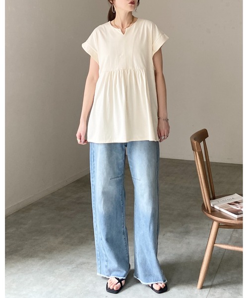 She's Closet（シーズクローゼット）の「綿100% フレンチスリーブ スキッパー ペプラムTシャツ / チュニックtシャツ（Tシャツ/カットソー・レディース・アイボリー/ブラック・FREE）」の16枚目の写真