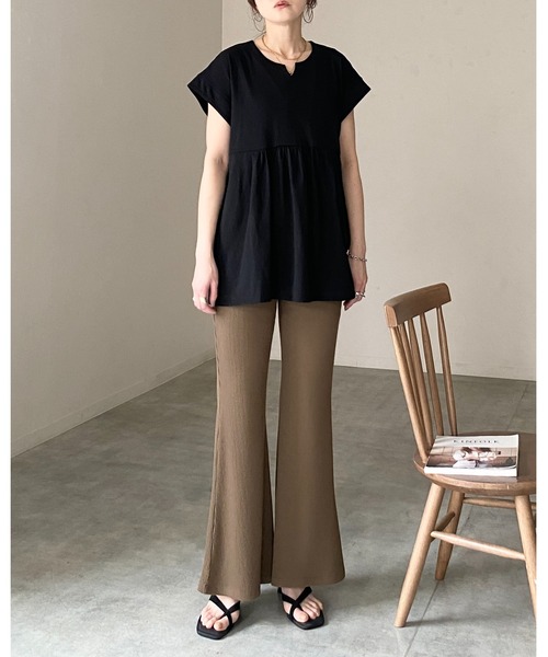 She's Closet（シーズクローゼット）の「綿100% フレンチスリーブ スキッパー ペプラムTシャツ / チュニックtシャツ（Tシャツ/カットソー・レディース・アイボリー/ブラック・FREE）」の18枚目の写真