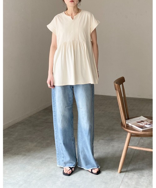She's Closet（シーズクローゼット）の「綿100% フレンチスリーブ スキッパー ペプラムTシャツ / チュニックtシャツ（Tシャツ/カットソー・レディース・アイボリー/ブラック・FREE）」の20枚目の写真