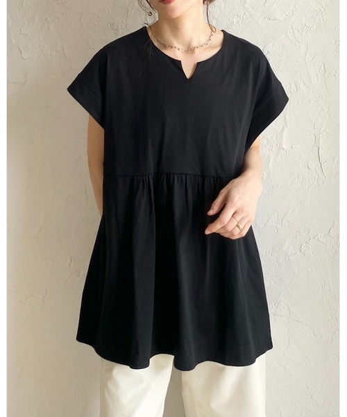 She's Closet（シーズクローゼット）の「綿100% フレンチスリーブ スキッパー ペプラムTシャツ / チュニックtシャツ（Tシャツ/カットソー・レディース・アイボリー/ブラック・FREE）」の21枚目の写真
