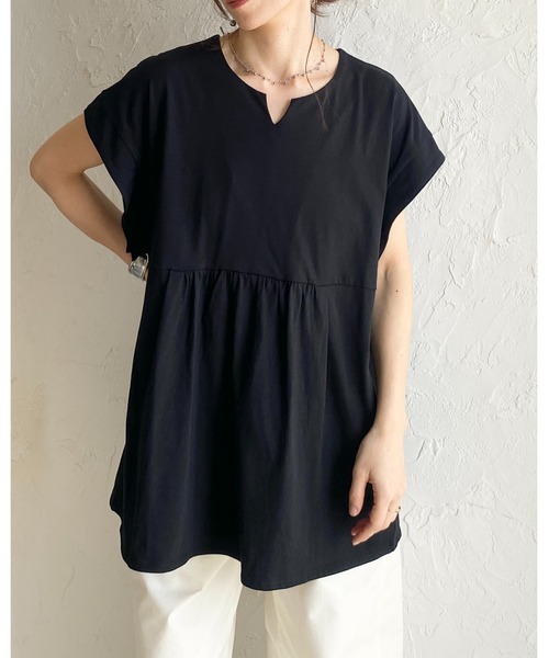 She's Closet（シーズクローゼット）の「綿100% フレンチスリーブ スキッパー ペプラムTシャツ / チュニックtシャツ（Tシャツ/カットソー・レディース・アイボリー/ブラック・FREE）」の22枚目の写真