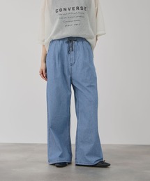 【NAVY / ネイビー】 シャンブレー ダブルタック ワイドパンツ