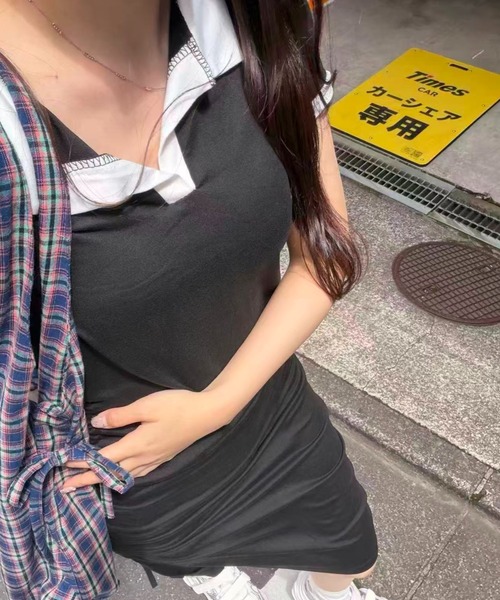 mebole(メボレ)の「ギャザースリットワンピース(ワンピース・レディース・ブラック/グレー・FREE)」の3枚目の写真