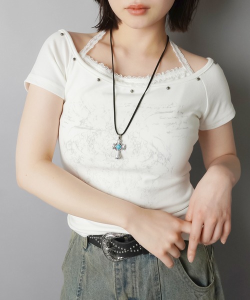 SPINNS(スピンズ)の「レイヤード風半袖カットソー/レース(Tシャツ/カットソー・レディース・ブラック/チャコール/オフホワイト・ONESIZE)」の2枚目の写真