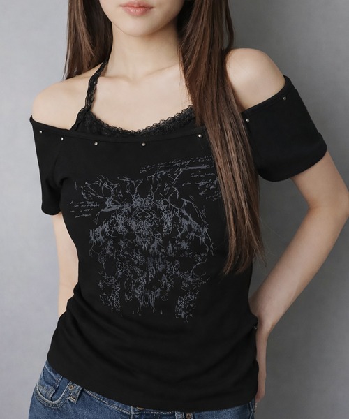SPINNS(スピンズ)の「レイヤード風半袖カットソー/レース(Tシャツ/カットソー・レディース・ブラック/チャコール/オフホワイト・ONESIZE)」の3枚目の写真