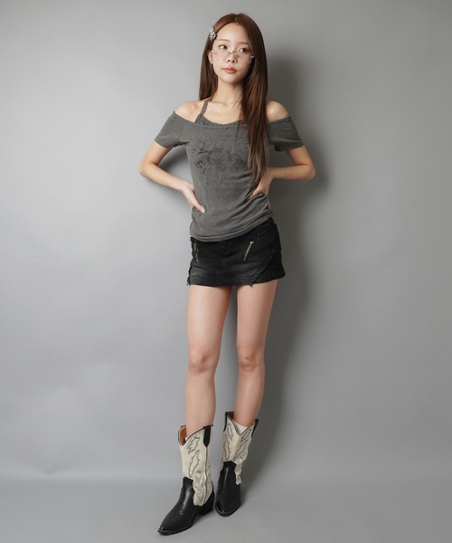 SPINNS(スピンズ)の「レイヤード風半袖カットソー/レース(Tシャツ/カットソー・レディース・ブラック/チャコール/オフホワイト・ONESIZE)」の10枚目の写真