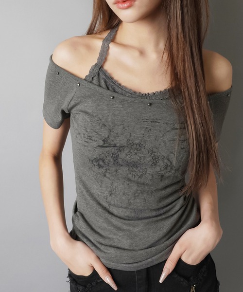 SPINNS(スピンズ)の「レイヤード風半袖カットソー/レース(Tシャツ/カットソー・レディース・ブラック/チャコール/オフホワイト・ONESIZE)」の4枚目の写真
