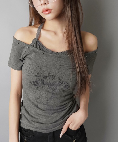 SPINNS(スピンズ)の「レイヤード風半袖カットソー/レース(Tシャツ/カットソー・レディース・ブラック/チャコール/オフホワイト・ONESIZE)」の5枚目の写真
