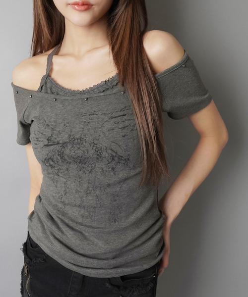 SPINNS(スピンズ)の「レイヤード風半袖カットソー/レース(Tシャツ/カットソー・レディース・ブラック/チャコール/オフホワイト・ONESIZE)」の6枚目の写真
