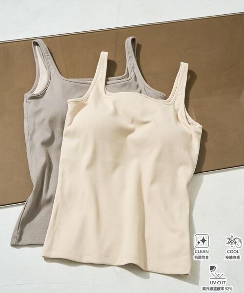 FREAK'S STORE（フリークスストア）の「限定展開　<抗菌防臭・接触冷感・UVカット>バンブー テレコ カップ付き タンクトップ（キャミソール・レディース・ブラック/ブルーグリーン/ピンク系その他/グレー/オフホワイト/ベージュ・ﾌﾘ-）」の6枚目の写真