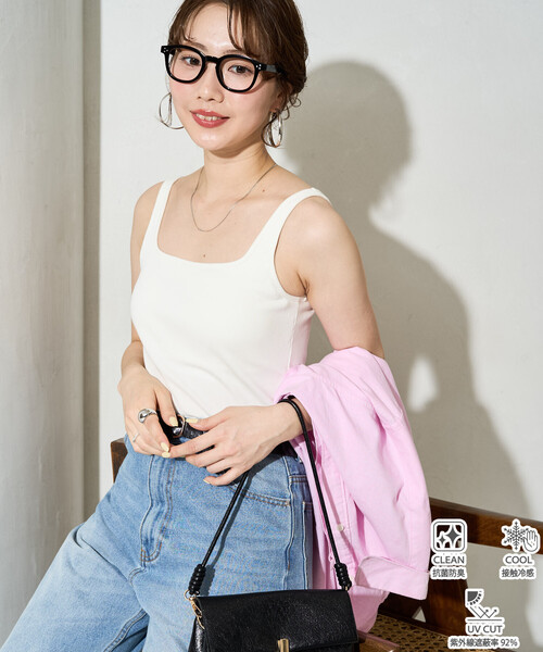 FREAK'S STORE（フリークスストア）の「限定展開　<抗菌防臭・接触冷感・UVカット>バンブー テレコ カップ付き タンクトップ（キャミソール・レディース・ブラック/ブルーグリーン/ピンク系その他/グレー/オフホワイト/ベージュ・ﾌﾘ-）」の2枚目の写真