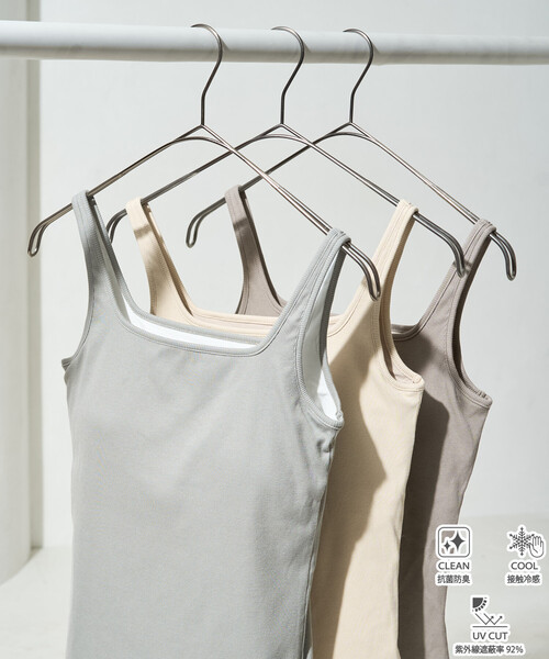 FREAK'S STORE（フリークスストア）の「限定展開　<抗菌防臭・接触冷感・UVカット>バンブー テレコ カップ付き タンクトップ（キャミソール・レディース・ブラック/ブルーグリーン/ピンク系その他/グレー/オフホワイト/ベージュ・ﾌﾘ-）」の5枚目の写真