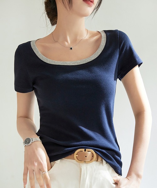 Girly Doll(ガーリードール)の「バイカラーUネックTシャツ(Tシャツ/カットソー・レディース・ネイビー/ブラウン/グレー/ブラック・S/M)」の4枚目の写真