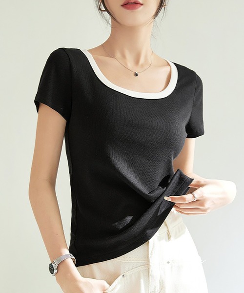 Girly Doll(ガーリードール)の「バイカラーUネックTシャツ(Tシャツ/カットソー・レディース・ネイビー/ブラウン/グレー/ブラック・S/M)」の1枚目の写真