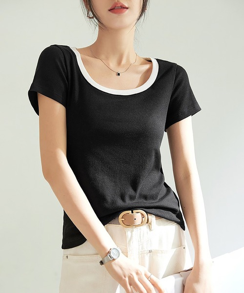 Girly Doll(ガーリードール)の「バイカラーUネックTシャツ(Tシャツ/カットソー・レディース・ネイビー/ブラウン/グレー/ブラック・S/M)」の5枚目の写真