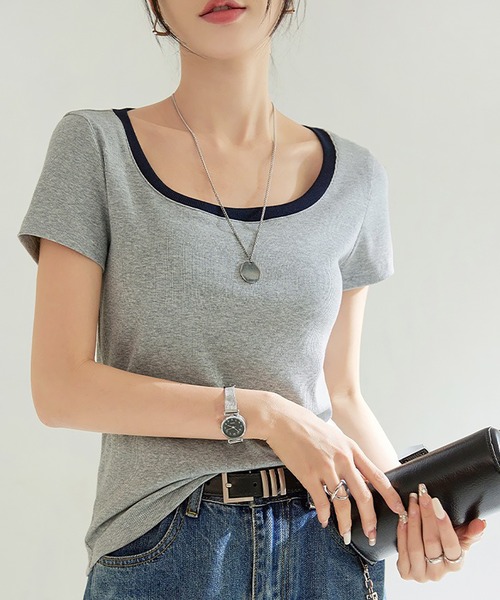 Girly Doll(ガーリードール)の「バイカラーUネックTシャツ(Tシャツ/カットソー・レディース・ネイビー/ブラウン/グレー/ブラック・S/M)」の7枚目の写真