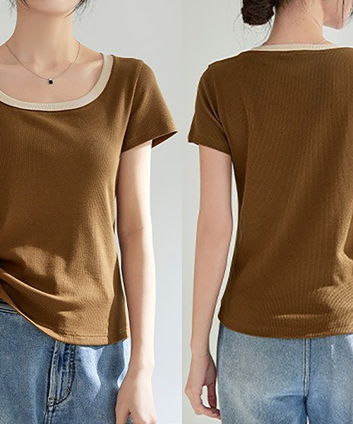 Girly Doll(ガーリードール)の「バイカラーUネックTシャツ(Tシャツ/カットソー・レディース・ネイビー/ブラウン/グレー/ブラック・S/M)」の8枚目の写真