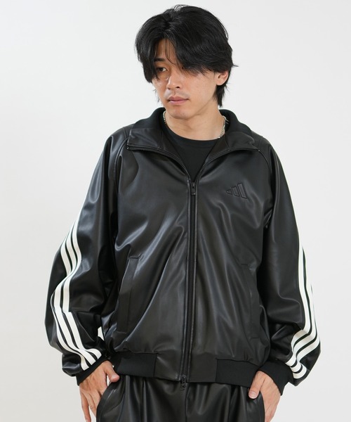 adidas(アディダス)の「adidas/アディダス ジャージ トラックジャケット レザー風 スタジアム ルーズフィット フェイクレザー トラックジャケット セットアップ対応 HL312(ジャージ・メンズ・ブラック×ホワイト/ブラック×ブラック・XL/L/M)」の3枚目の写真