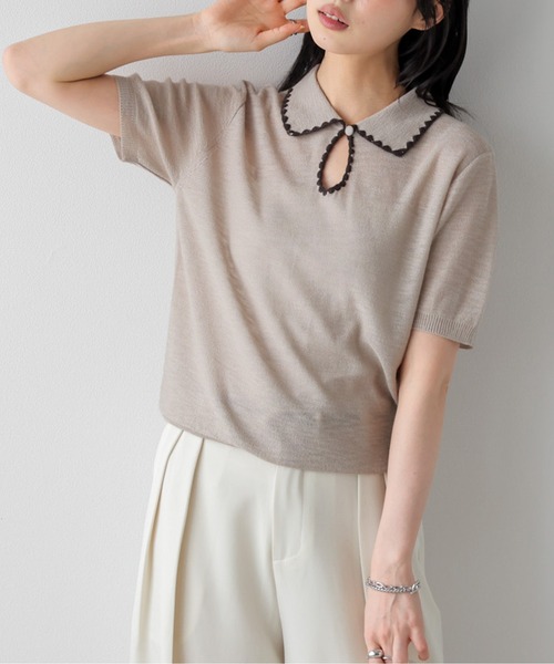 AMELY（エミリー）の「配色スカラップ襟 シアーポロニット（ニット/セーター・レディース・ベージュ/グレー/アイボリー/ブラック・フリー）」の4枚目の写真