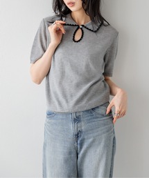 配色スカラップ襟 シアーポロニット
