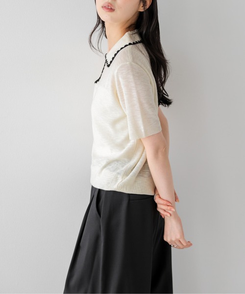 AMELY（エミリー）の「配色スカラップ襟 シアーポロニット（ニット/セーター・レディース・ベージュ/グレー/アイボリー/ブラック・フリー）」の6枚目の写真