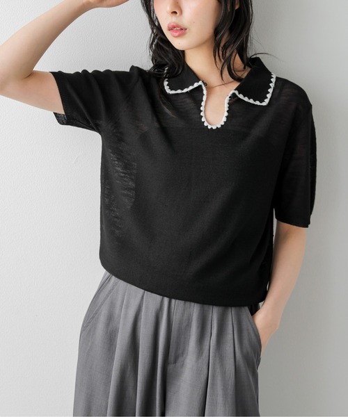 AMELY（エミリー）の「配色スカラップ襟 シアーポロニット（ニット/セーター・レディース・ベージュ/グレー/アイボリー/ブラック・フリー）」の8枚目の写真
